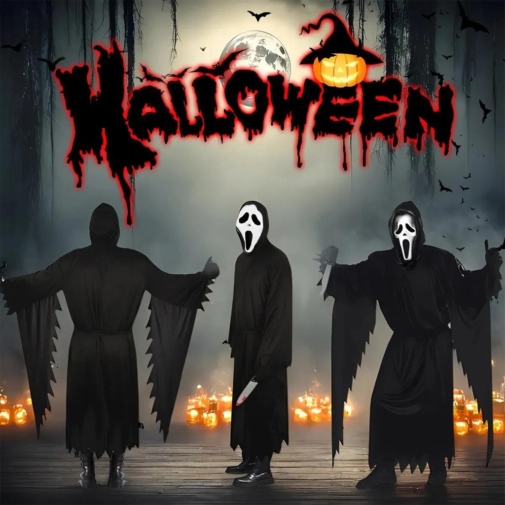 Halloween Dämon Geister Kostüm Mann Frauen Erwachsene Schwarz Schrei Tod Dämon Sensenmann Cospaly Kleidung Mit Maske Spiel Kostüme
