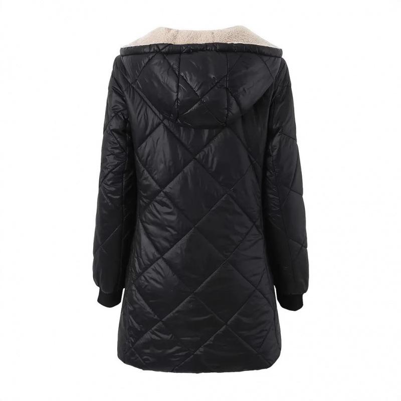 Autumn and winter new, women, loose and plush, hooded, medium to long length, cotton coat, long sleeved jacket, diamond grid, quilted cotton jacket