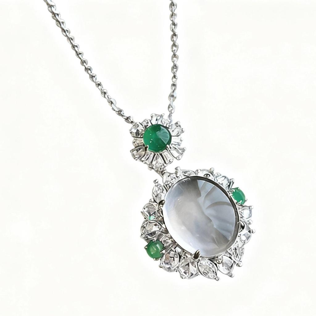 Retro Weißer Jade Diamant Offener Ring & Anhänger Halskette Schmuckset für Damen
