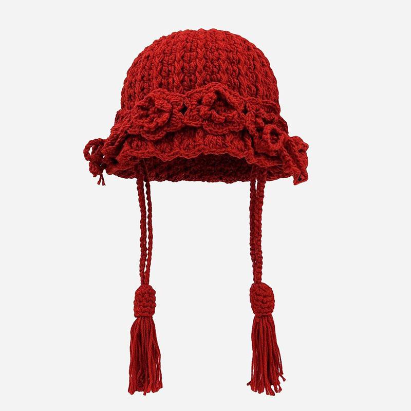 Fashion Handmade Weaving Hollow Out Beanie Hat Woman Autumn Hook Flower Korean Style Pearl Tassels Pullover Knitted Hat