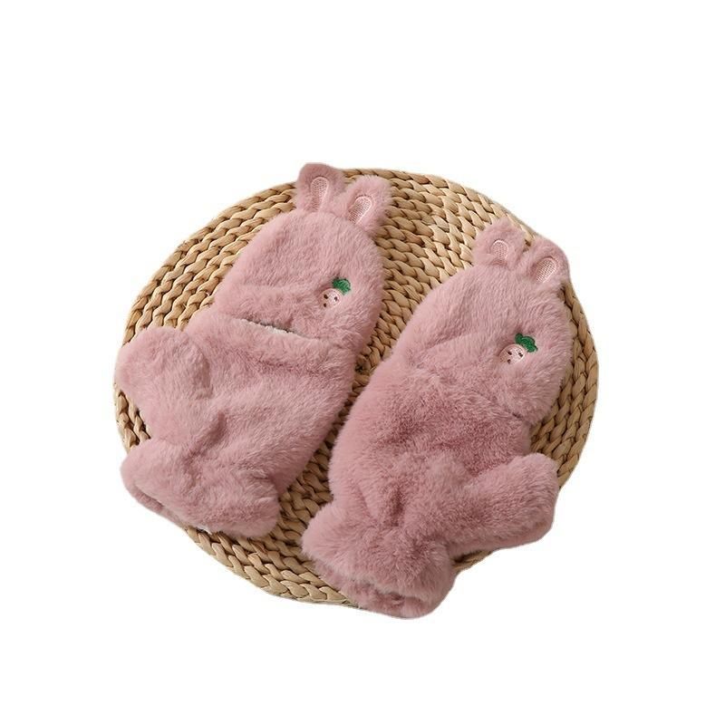 Flip half finger cute rabbit autumn and winter plush gloves female warm thickened student writing cycling gloves tide