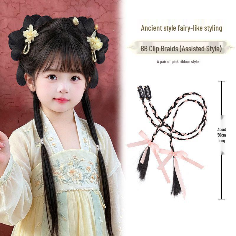 Girls' Hanfu Wig: Ancient Headdress, Children's Bun Bow Updo