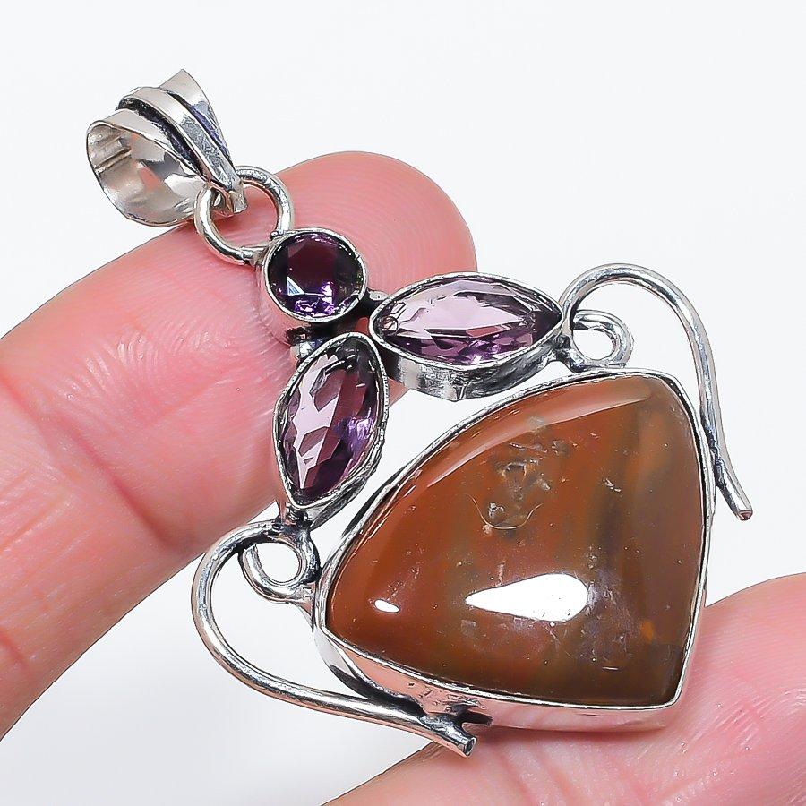 Natural Bloodstone, Amethyst 925 Sterling Silver Jewelry Pendant 2.09" C4H24
