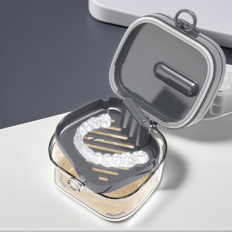 2-in-1 Multi-Layer Denture and Retainer Case with Mirror Lid – Leak-Proof Storage Box Including Cleaning Brush