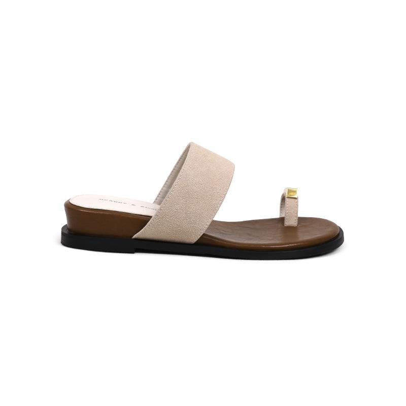 Cowhide Version] Genuine Leather Wedge Heel Toe One-word Sandals Women's 2025 Summer New Versatile and Comfortable Outer Wear Cool Slippers