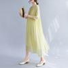 2025 summer new cotton and linen dress fine wrinkle texture double layer yellow fairy dress casual loose dress