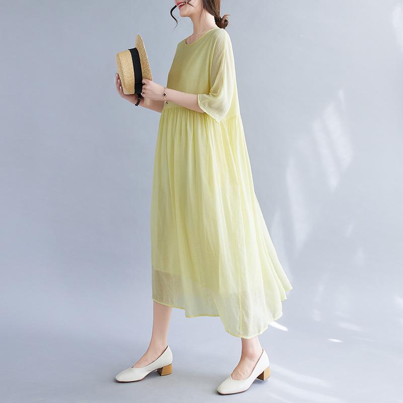 2025 summer new cotton and linen dress fine wrinkle texture double layer yellow fairy dress casual loose dress