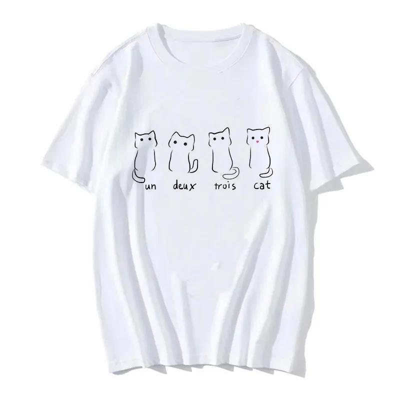 90s Women T Shirt Korean Version Cartoon Cat Group Printed T-Shirt Casual Short Sleeve Couples T-Shirt Funny Cat Streetwear