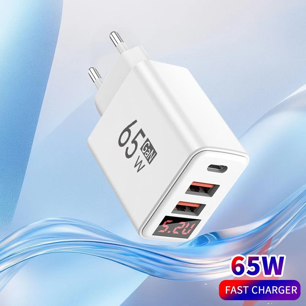 EU/US/UK Plug 65W USB Charger 3 Ports Fast Charging Mobile Phone Power Adapter QC3.0 Type C Charger For iPhone Samsung Xiaomi