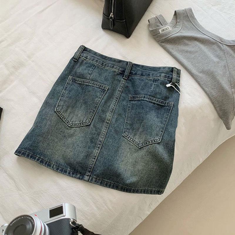 Classic Versatile Youthful Half Skirt High Waist Split Pockets Design Sense Package Hip A-line Retro Skirt Ladies Summer Fashion Denim Short Skirt