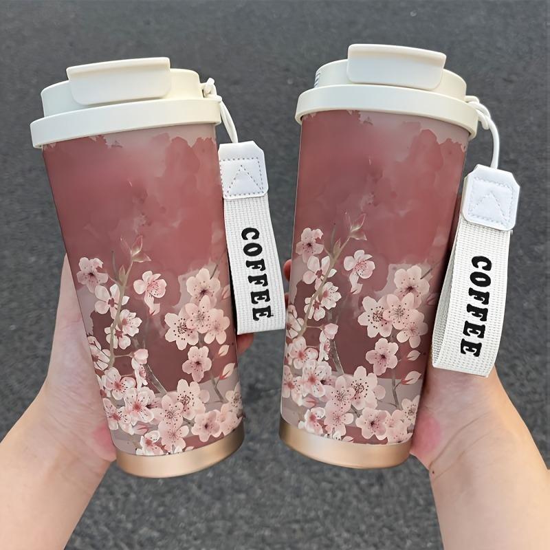17,92 oz izolovaný hrnek s motivem třešňových květů, nepropustný se slámkou, přenosný pro horké i studené nápoje.