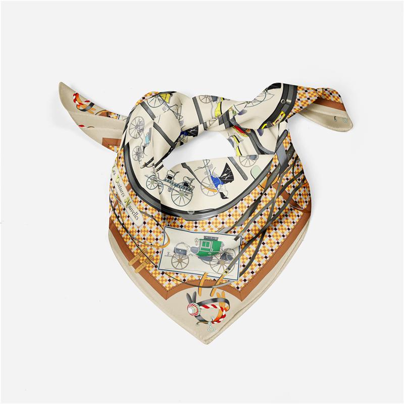 Twill Silk Scarf Woman Carriage Print Square Scarves Wraps Bandana Small Hijab Silk Foulards Tie Headband Neckerchief 53CM