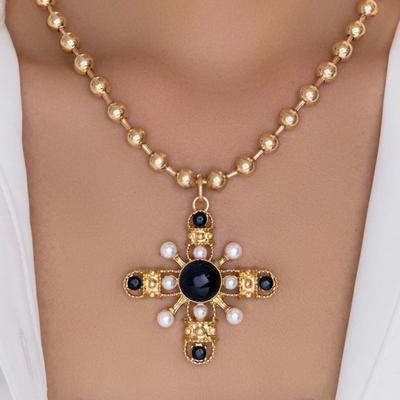 Imitation Pearl Cross Necklace Pendant Niche Octagram Retro Beaded Chain Collarbone Chain