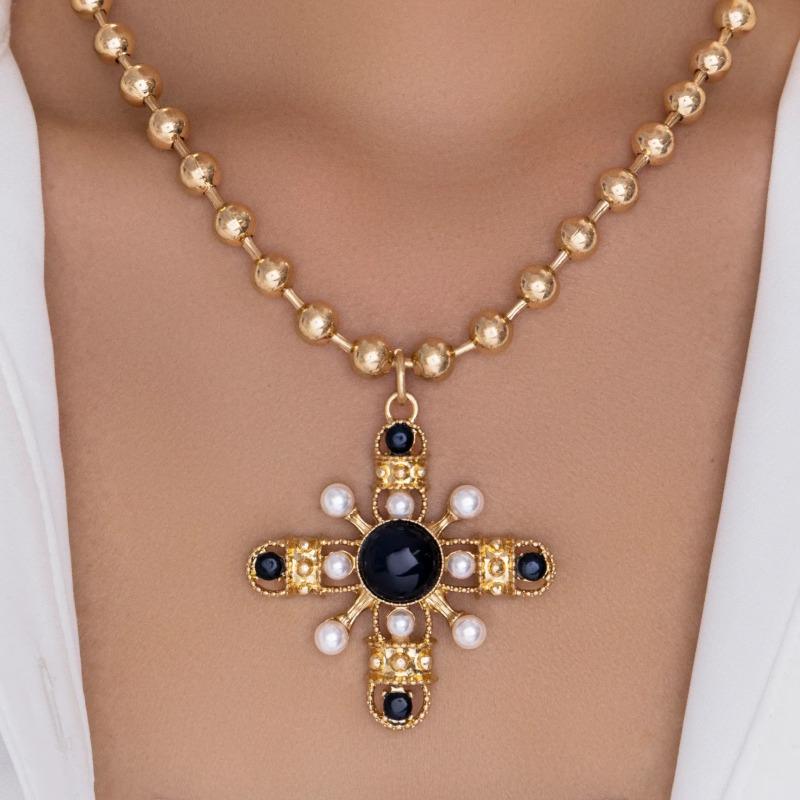 Imitation Perlen Kreuz Halskette Anhänger Nische Oktopusstern Retro Perlenkette Schlüsselbein Kette