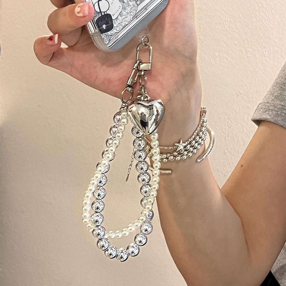 Luxury Silver Pearl Love Heart Bead Chain Pendant Phone Charm Strap For iPhone Samsung Accessrioes Woman Girl Hanging Rope Cord