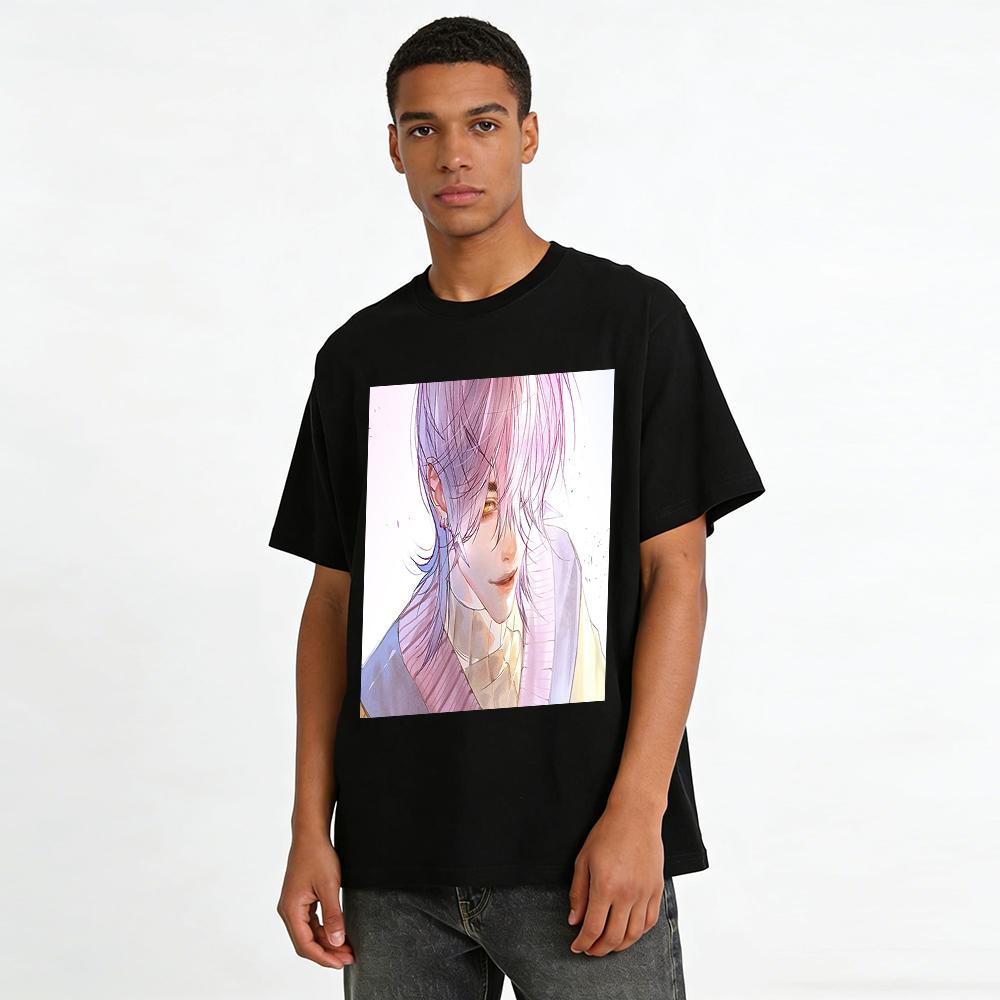 Trendy Anime Style T-Shirt with Purple Pink Hair Boy Print Casual Loose Fit Top for Anime Fans Pure Cotton T-shirt