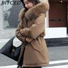 BITCED Women's Winter Mid-Length Cotton Coat with Fleece Lining, Large Fur Collar, Plus Size, Short Waist-Defining Jacket