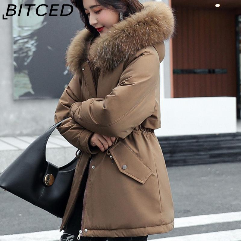 BITCED Women's Winter Mid-Length Cotton Coat with Fleece Lining, Large Fur Collar, Plus Size, Short Waist-Defining Jacket