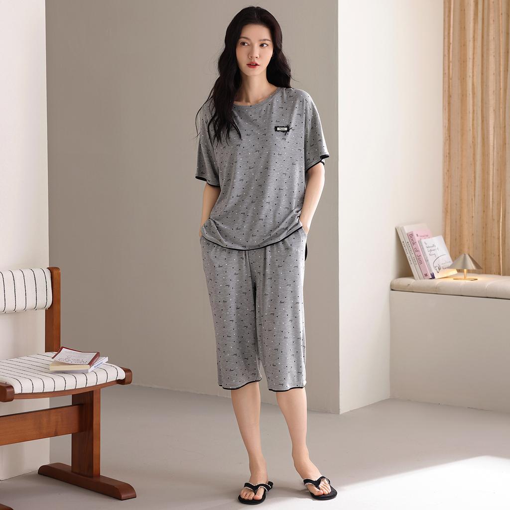Pajamas Women's 1011 New Summer Pure Cotton with Chest Pad Summer Short-sleeved Cropped Pants Thin Wave Point Loungewear Set