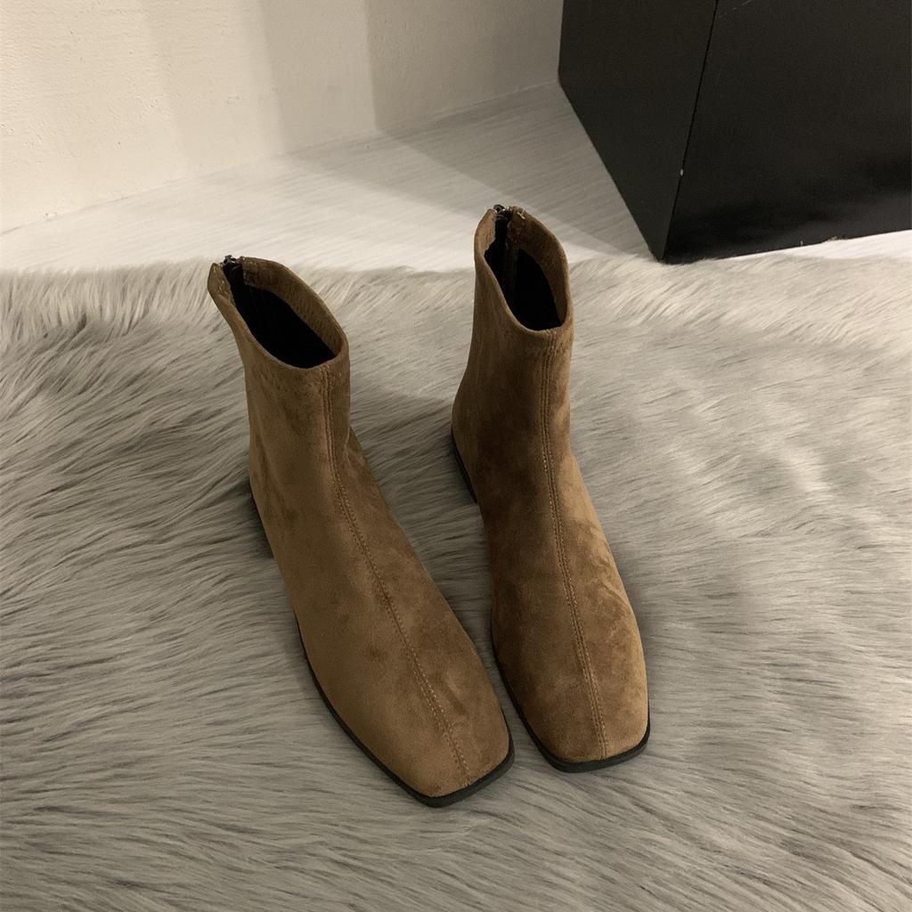 2025 Autumn and Winter New Minimalist Soft Leather Square Head Versatile Low-heeled Martin Boots Women's Rear Zipper Flat-bottomed Thin Short Boots