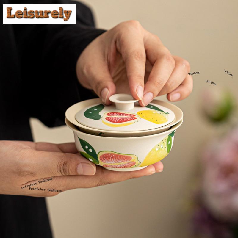 HOYIHM Hand Painted Shaddock Pear Travel Tea Set Kit Retro 1 Pot 1 Cups Tea Maker Organizer Portable Outdoor Handbag Collection