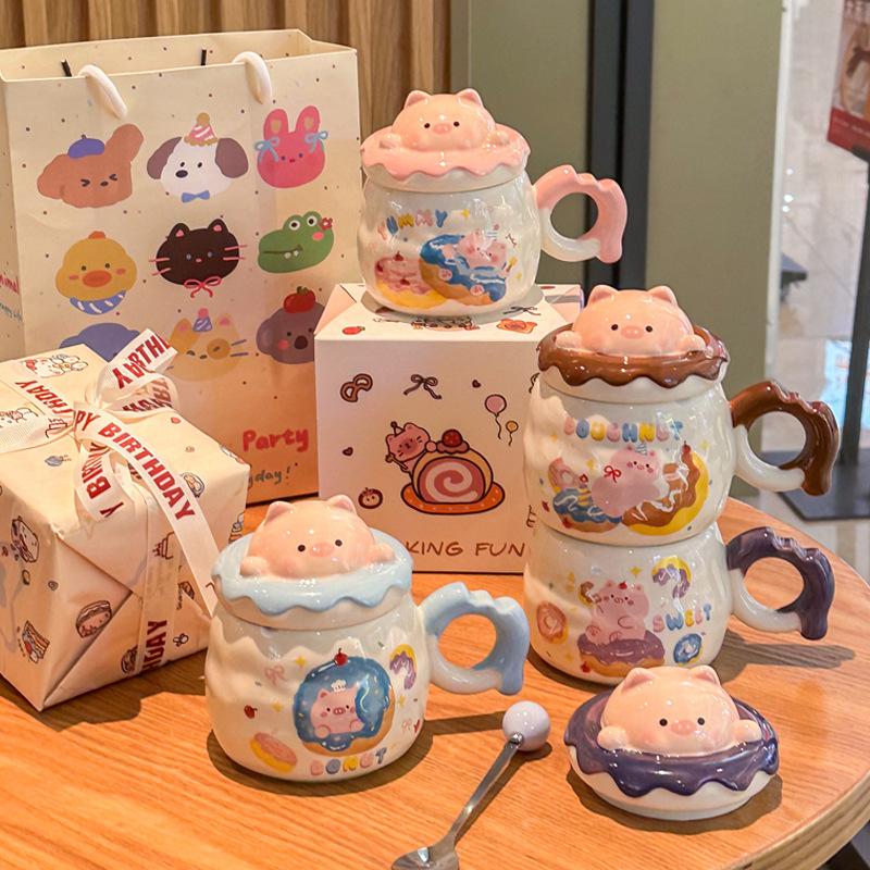 Cute mug girl pig ceramic drinking cup birthday gift souvenir gift box couple practical small gift