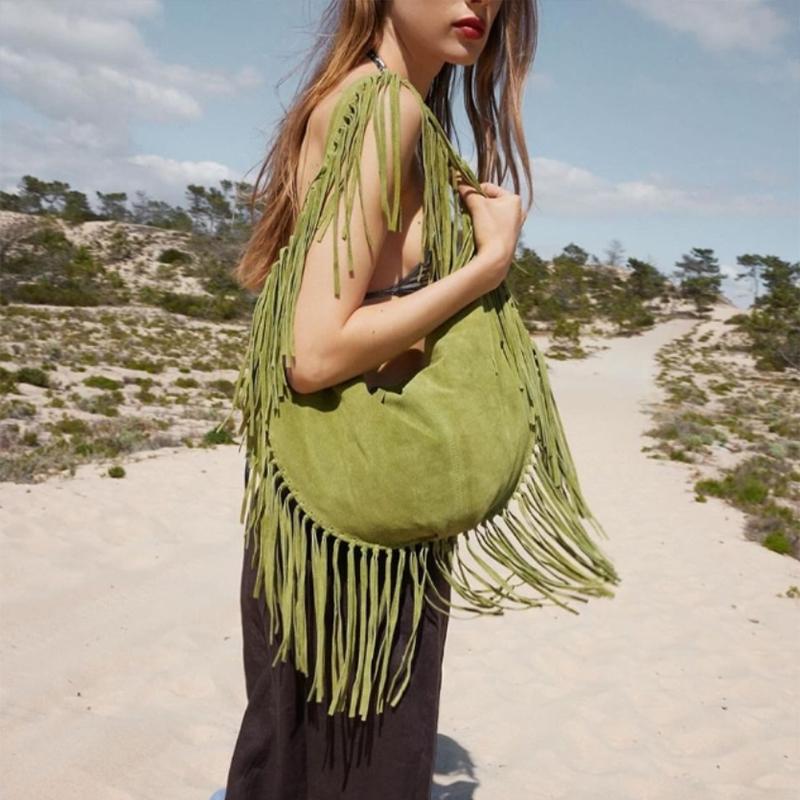 Tassel Large Crescent Tote Bag Trendy Green Brown Casual Simple Crossbody Brand Designer Luxury Suede Retro Dumpling Shoulde Bag