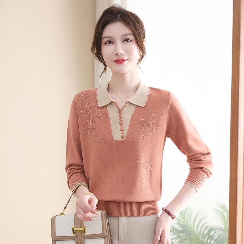 Mom's Autumn Knit Lapel Sweater Set – Long-Sleeve Top, Small Size for Middle-Aged & Elderly Women