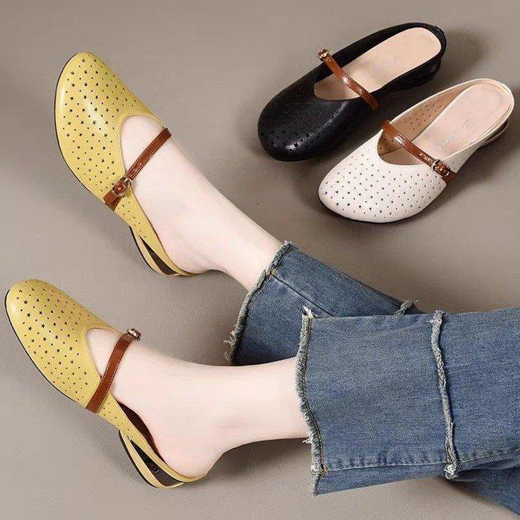 Retro round head hollow breathable bag head half drag comfortable and versatile wear 2025 summer new low-heeled cool slippers women