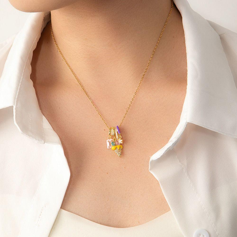 Stainless Steel Ice Cream Necklace Colorful Enamel Pendant Flower Zircon Necklace  Jewelry Gift