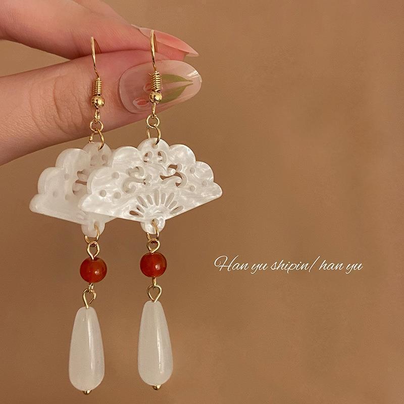 

Chinese Retro Jade Imitation Fan-Shaped Earrings with Water Drop Pendants