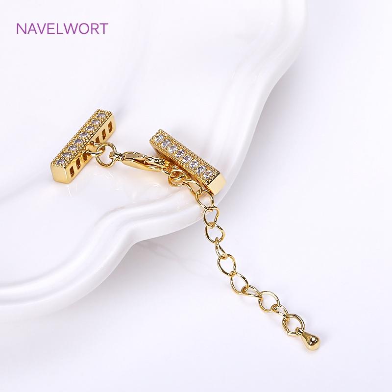 18K Gold Plated Lobster Clasps Extender Chain With Cuboid Separator Spacer Bars,Inlaid Zircon DIY Bracelet Hooks Clasp Findings