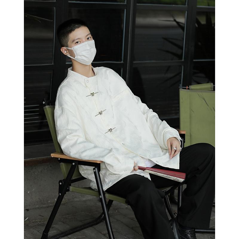 

Жаккардовая рубашка с длинным рукавом и пуговицами-бабочками, мужская модная брендовая стильная повседневная рубашка высокого класса Zhongshan Tang Suit 3XL хаки