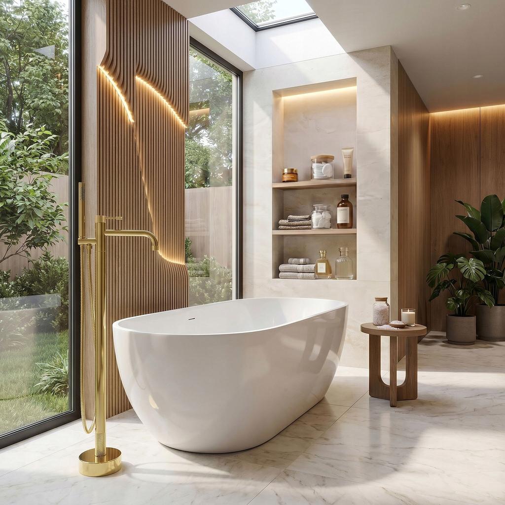 Venti Gold Quilted Floor-Mounted Bathtub Faucet, Glossy Gold
