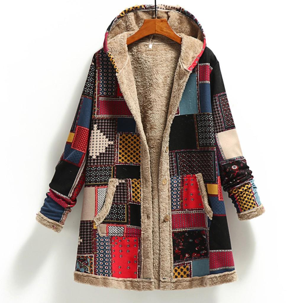 (SU)Womens Winter Warm Outwear Print Hooded With Pockets Vintage Coats Cardigan