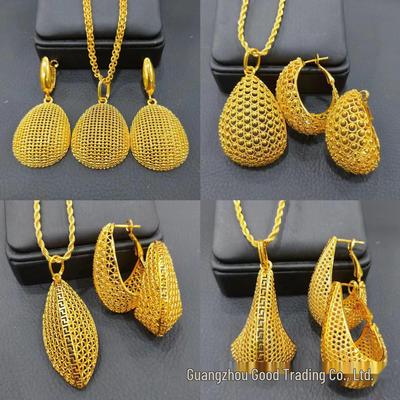 24K Gold-Plated Brass Jewelry Set: Middle Eastern Pendant Earrings & Necklace for Women