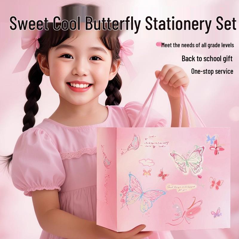 Pink Butterfly Stationery Gift Box for Girls, Back to School Supplies, Big Gift Pack for Tenth Birthday Party Favors