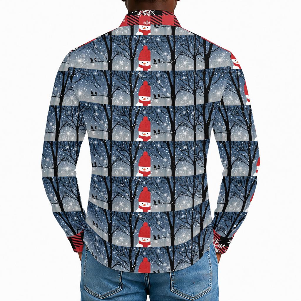 Men's Casual Long Sleeve Shirt with Christmas Print for Holiday Party and Fall