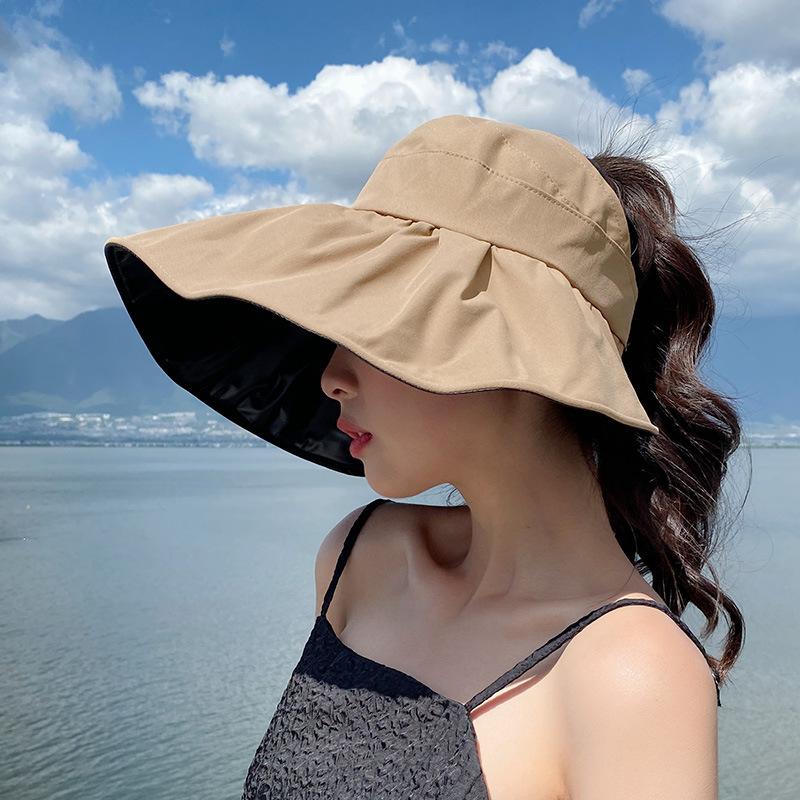 Sunscreen visor hat women's summer vinyl empty top sun hat light big brim face covering foldable bucket hat