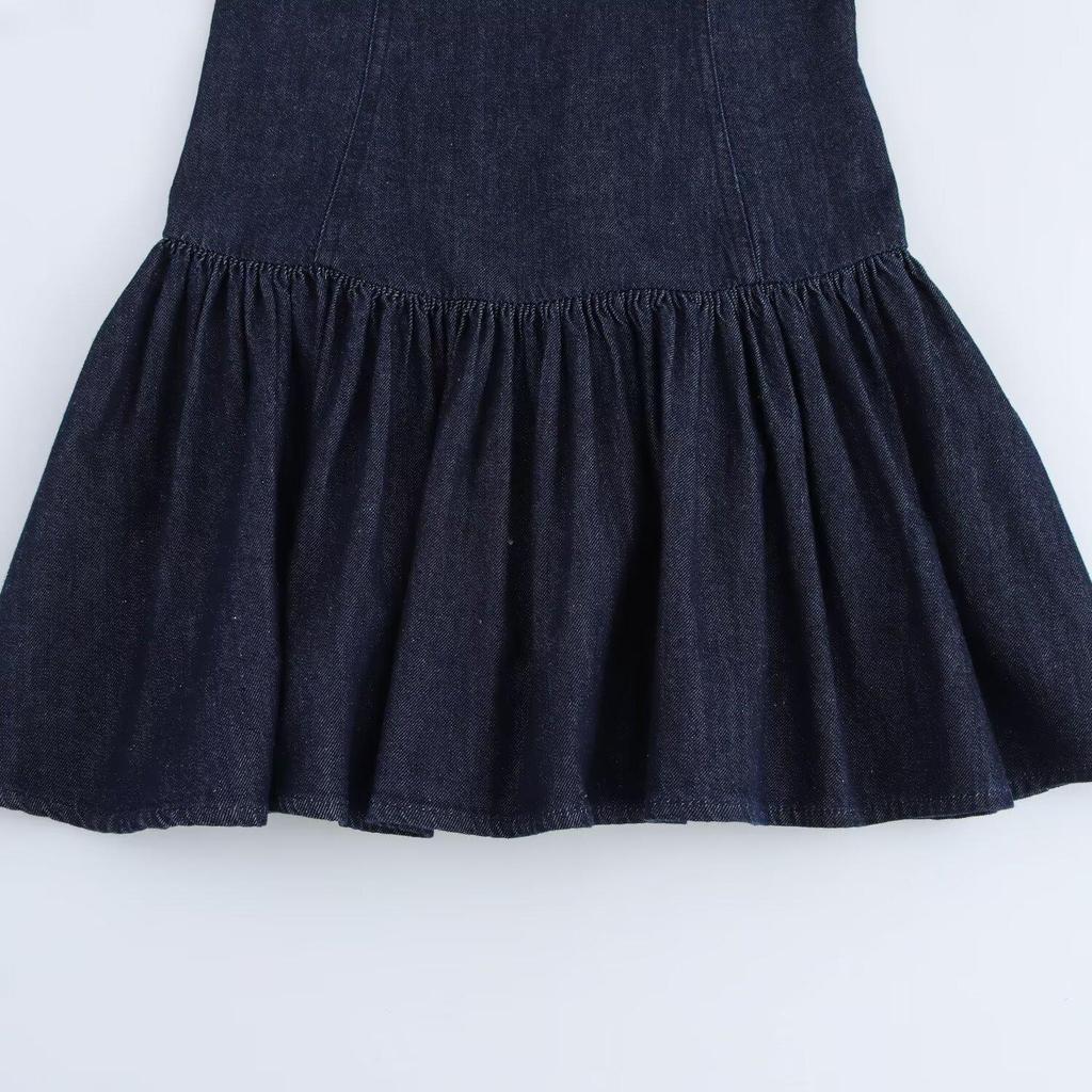 2025 Spring Women's Slim Fit Denim Dress with Layered Decor & Backless Design