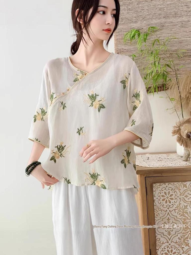2026 Summer V-Neck Chinese Style Embroidered Ramie Shirt – Artistic Retro Women's Slanted Lapel Short Sleeve Top