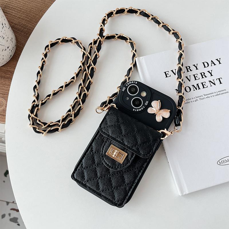 Apple 17 Messenger Wallet Mobile Phone Case For Iphone15Promax Butterfly Messenger Chain 16 Fine Hole Women'S Soft