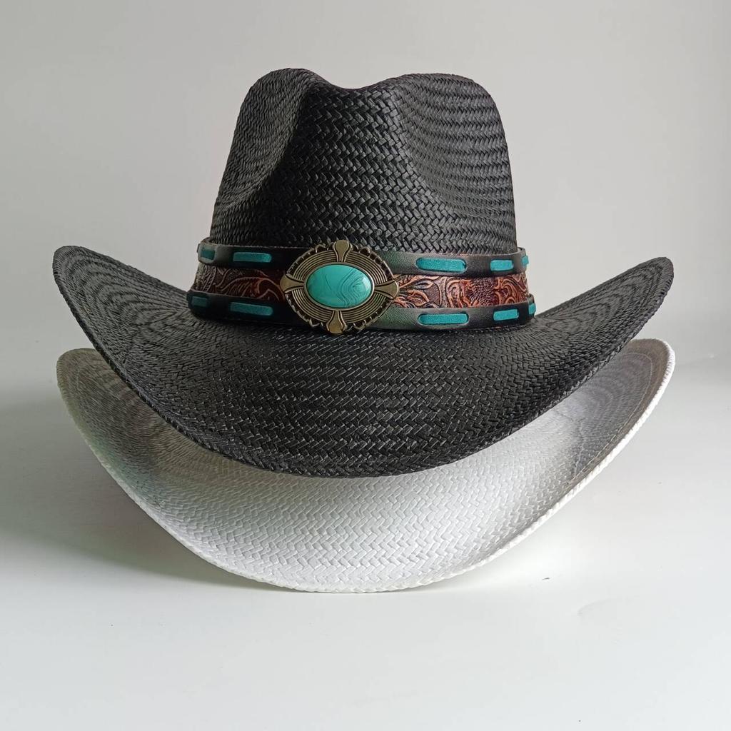 summer Cowboy Hat Summer Outdoor Travel Turquoise Accessories for Men and Women Retro Gentleman Western Cowboy Straw Hat