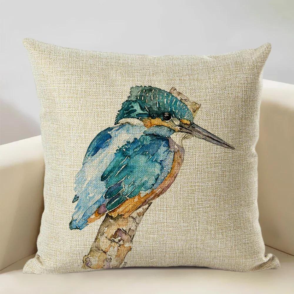 Watercolor Animal Bird Home Sofa Pillow Case Kingfisher Printed Decoration Throw Pillowcas 45x45cm Cushion Cover