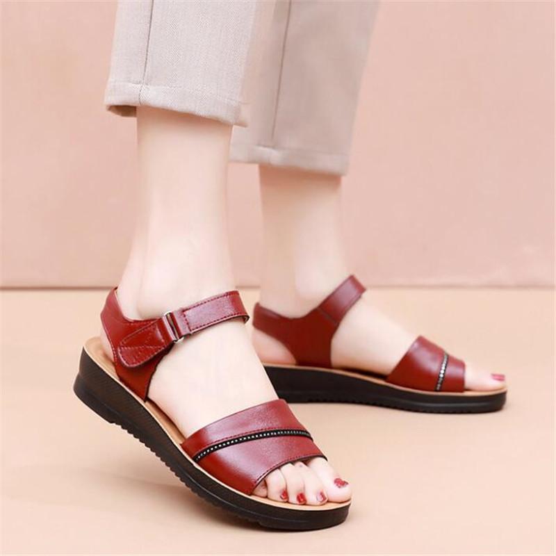 Women Ladies Mother Genuine Leather Shoes Sandals Flats Female Summer Soft Soled Casual Beach Shoes Size 35-41