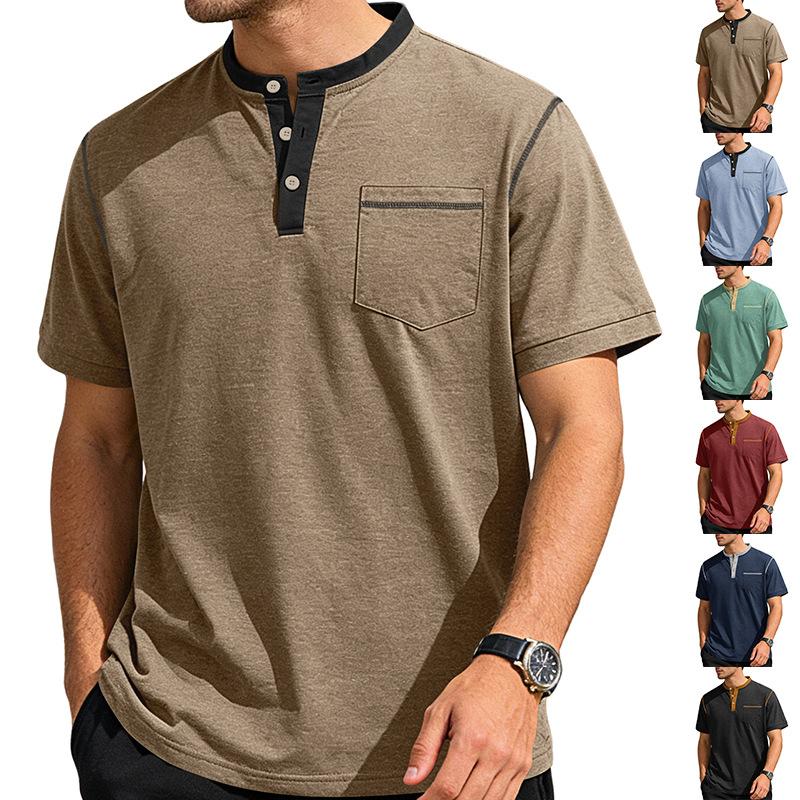 Mens Stand Collar Button Short Sleeve Business Casual Solid Polo Shirt