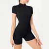 Summer Zip Up Short Sleeve Bodysuit Yoga Clothes For Women Dance Fitness Tight Sports Jumpsuit With Shorts