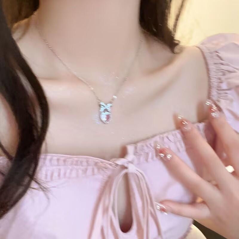 Knock Versatile~ Pink Love Zircon Bow Necklace Female Summer Sweet and Cool Spice Girl Temperament Clavicle Chain Decoration Tide
