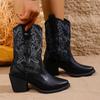 Retro Embroidered Women's Cowboy Boots Chunky High Heels Pointed Toe Winter Boots Woman Brown PU Leather Western Botas De Mujer