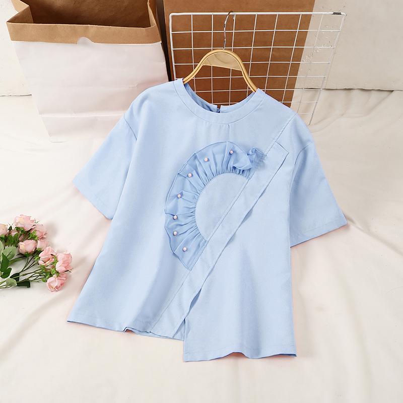 VONDA Women Summer Round Neck Short Sleeve Pearl Decorated Blouses